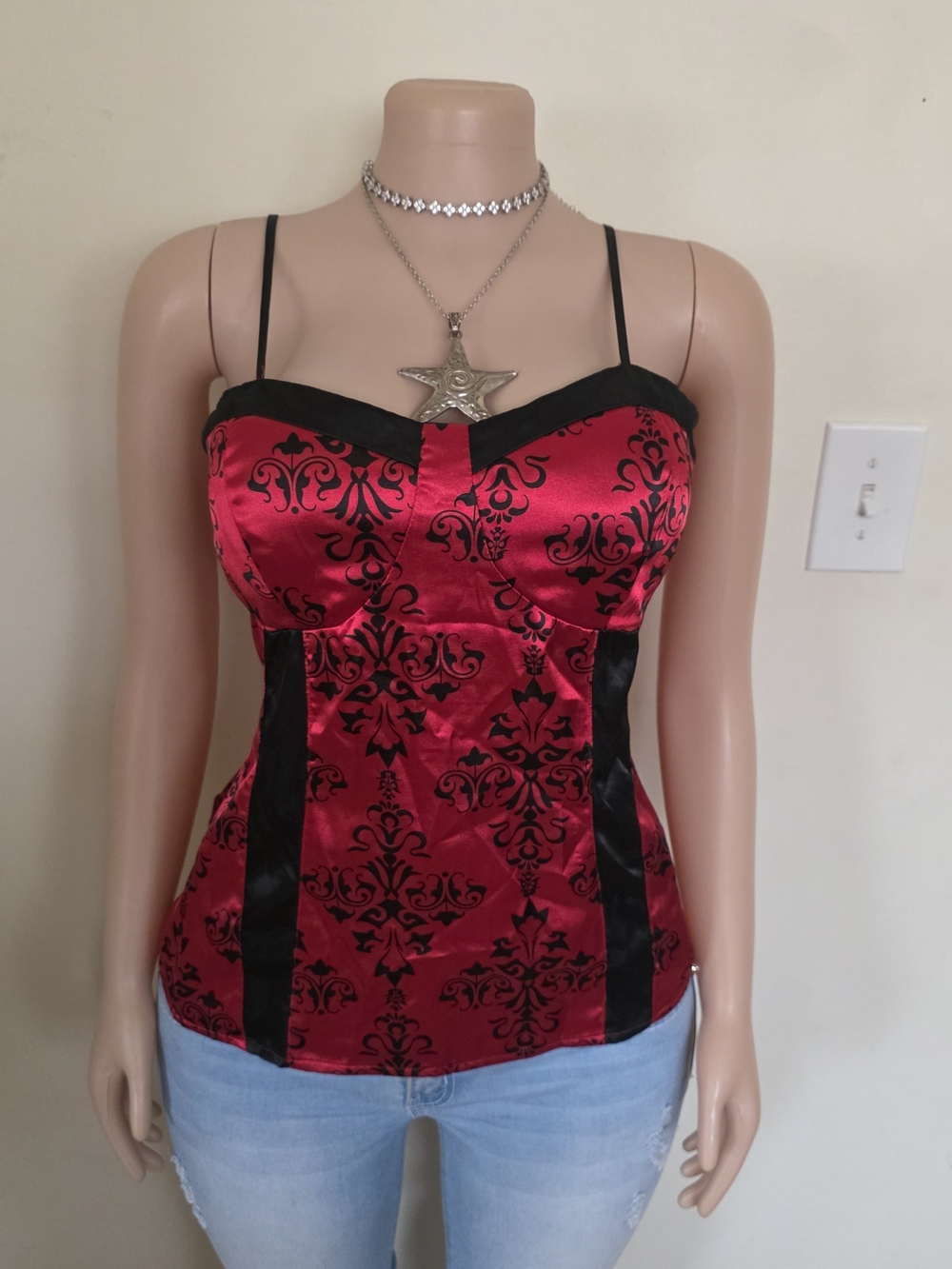 Studio Y Red and Black Satin Brocade Bustier Tank